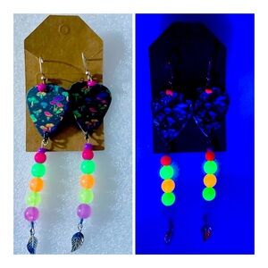 Mushroom UV reactive guitar pick earrings